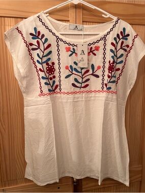 Embroidered White Peasant Top with Red & Blue Floral Detail